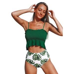Cupshe NWT Smocked Green Bikini Set with High Waist Leaf Bottoms Size Small